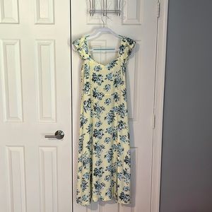 Loft Yellow and Blue Floral Flutter Sleeve Midi Dress size 4.